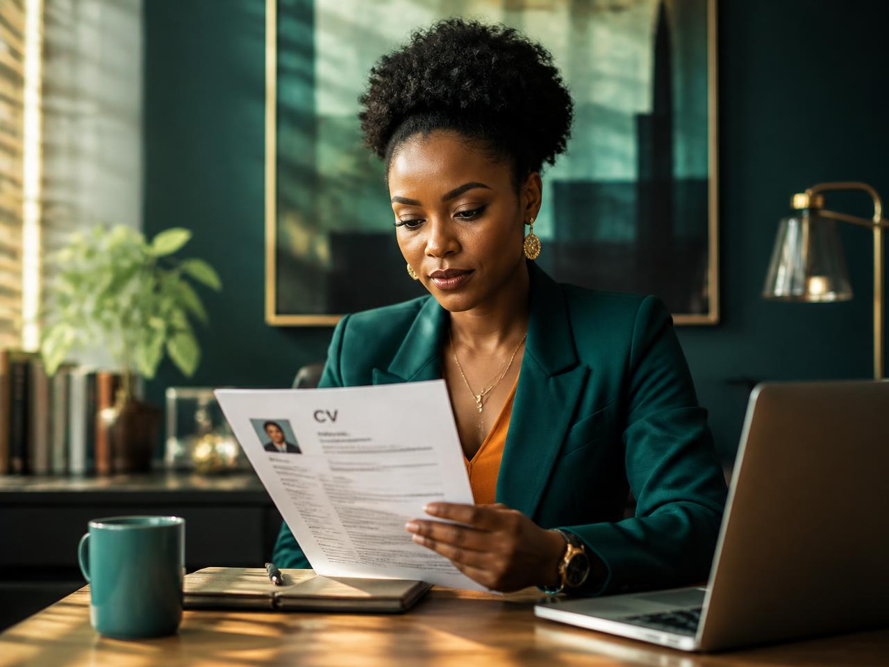 Profissional a rever o seu CV numa secretária